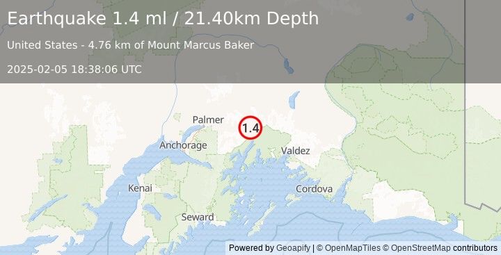 Earthquake 37 km S of Glacier View, Alaska (1.4 ml) (2025-02-05 18:38:06 UTC)