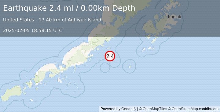 Earthquake 84 km E of Chignik, Alaska (2.4 ml) (2025-02-05 18:58:15 UTC)