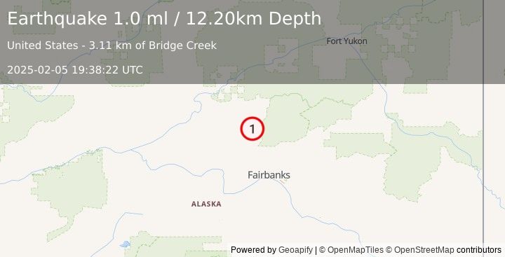 Earthquake 17 km ESE of Livengood, Alaska (1.0 ml) (2025-02-05 19:38:22 UTC)