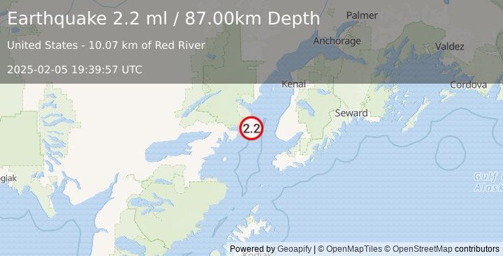 Earthquake 43 km WNW of Anchor Point, Alaska (2.2 ml) (2025-02-05 19:39:57 UTC)