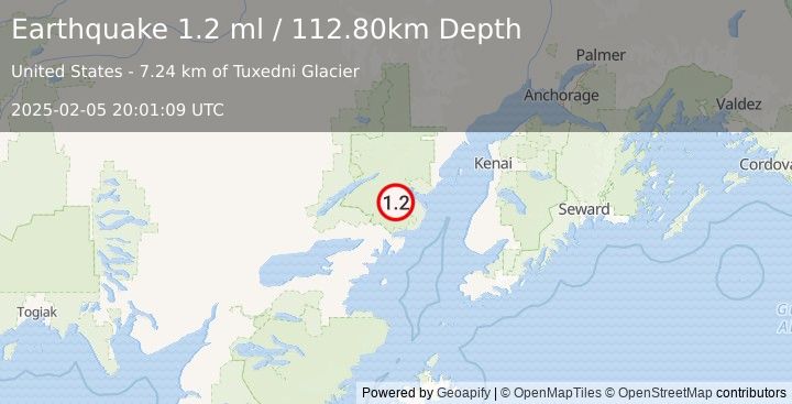 Earthquake 62 km E of Port Alsworth, Alaska (1.2 ml) (2025-02-05 20:01:09 UTC)