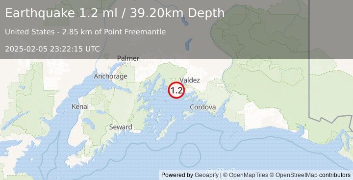 Earthquake 15 km WNW of Tatitlek, Alaska (1.2 ml) (2025-02-05 23:22:15 UTC)