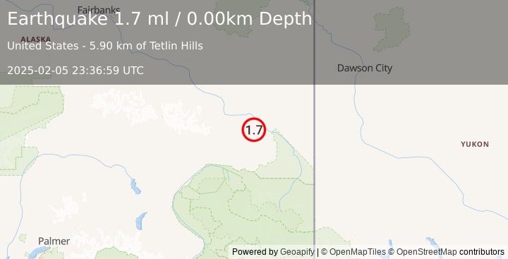 Earthquake 15 km SSE of Tok, Alaska (1.7 ml) (2025-02-05 23:36:59 UTC)