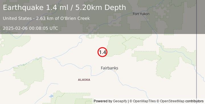 Earthquake 23 km SE of Livengood, Alaska (1.4 ml) (2025-02-06 00:08:05 UTC)