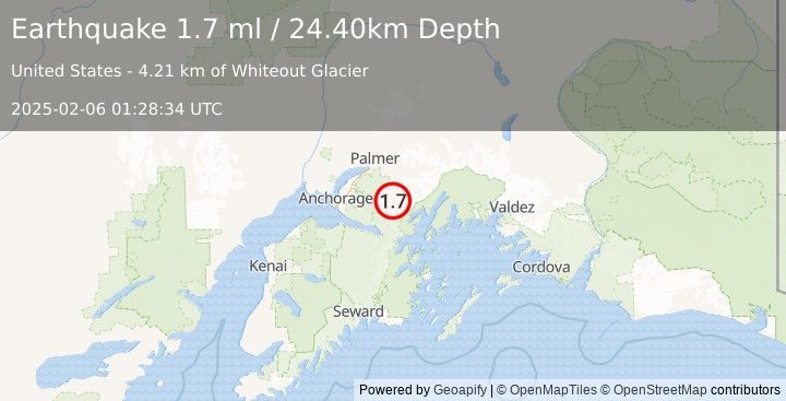 Earthquake 31 km SSE of Knik River, Alaska (1.7 ml) (2025-02-06 01:28:34 UTC)