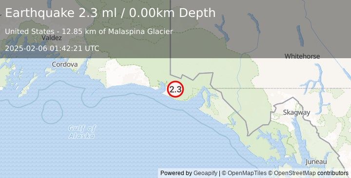 Earthquake 76 km NW of Yakutat, Alaska (2.3 ml) (2025-02-06 01:42:21 UTC)