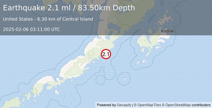 Earthquake 77 km SSE of Ugashik, Alaska (2.1 ml) (2025-02-06 03:11:00 UTC)