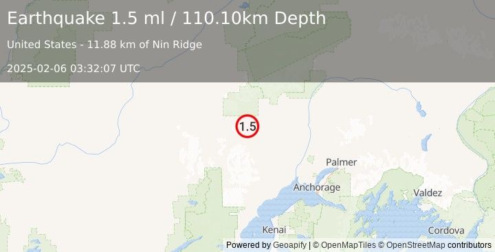 Earthquake 40 km WNW of Skwentna, Alaska (1.5 ml) (2025-02-06 03:32:07 UTC)