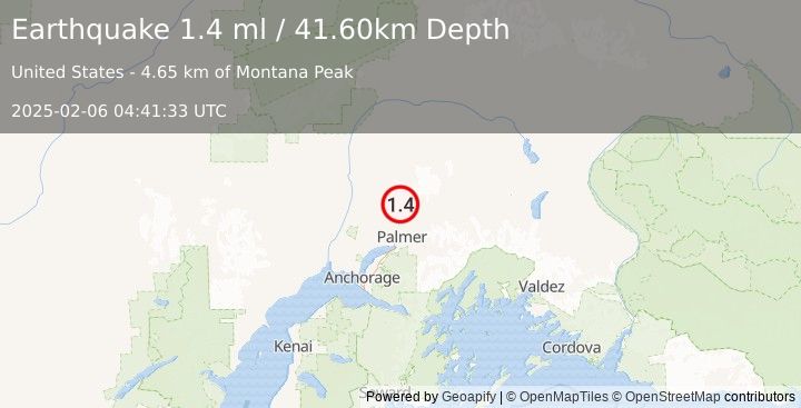 Earthquake 18 km NNE of Fishhook, Alaska (1.4 ml) (2025-02-06 04:41:33 UTC)