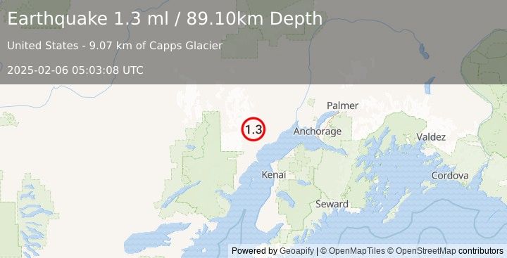 Earthquake 44 km WNW of Beluga, Alaska (1.3 ml) (2025-02-06 05:03:08 UTC)