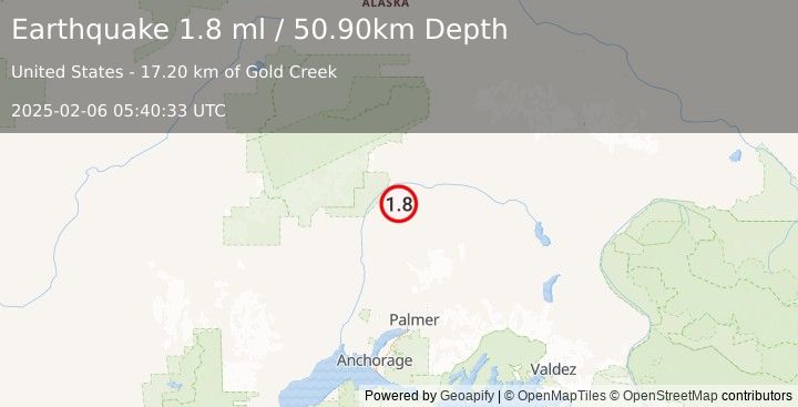 Earthquake 43 km NE of Chase, Alaska (1.8 ml) (2025-02-06 05:40:33 UTC)