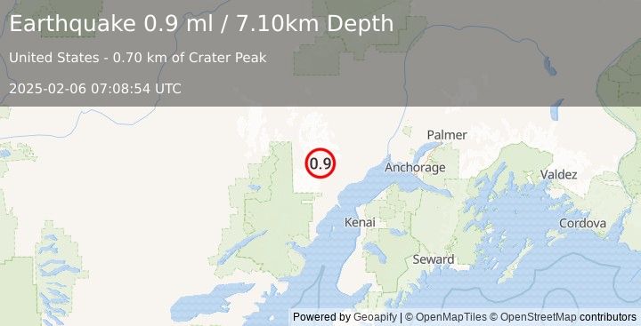 Earthquake 62 km WNW of Tyonek, Alaska (0.9 ml) (2025-02-06 07:08:54 UTC)