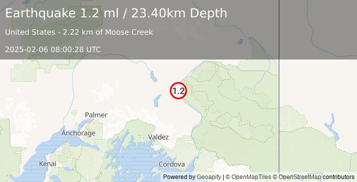 Earthquake 4 km NNW of Tazlina, Alaska (1.2 ml) (2025-02-06 08:00:28 UTC)