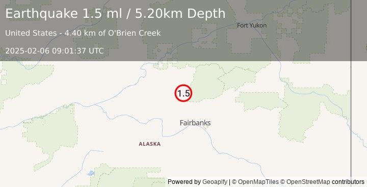 Earthquake 23 km SE of Livengood, Alaska (1.5 ml) (2025-02-06 09:01:37 UTC)