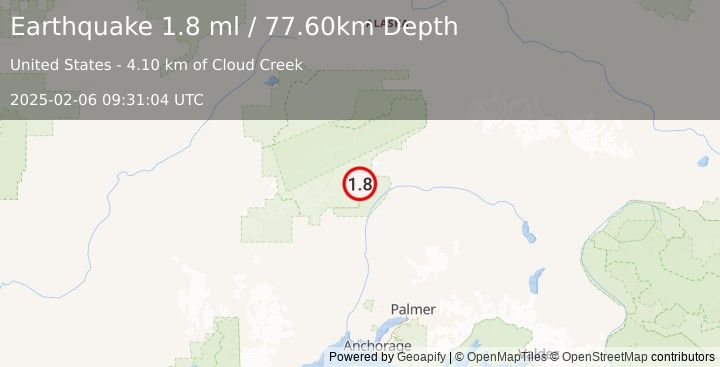 Earthquake 49 km N of Chase, Alaska (1.8 ml) (2025-02-06 09:31:04 UTC)