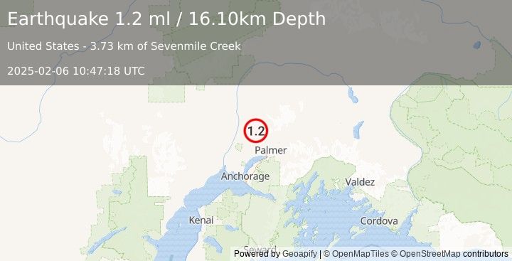 Earthquake 23 km NW of Fishhook, Alaska (1.2 ml) (2025-02-06 10:47:18 UTC)