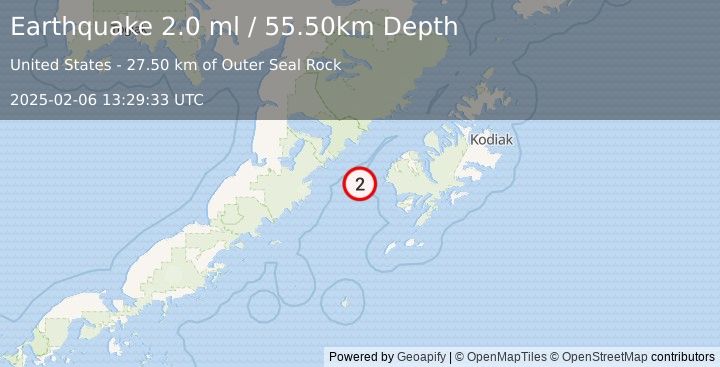 Earthquake 60 km SW of Karluk, Alaska (2.0 ml) (2025-02-06 13:29:33 UTC)