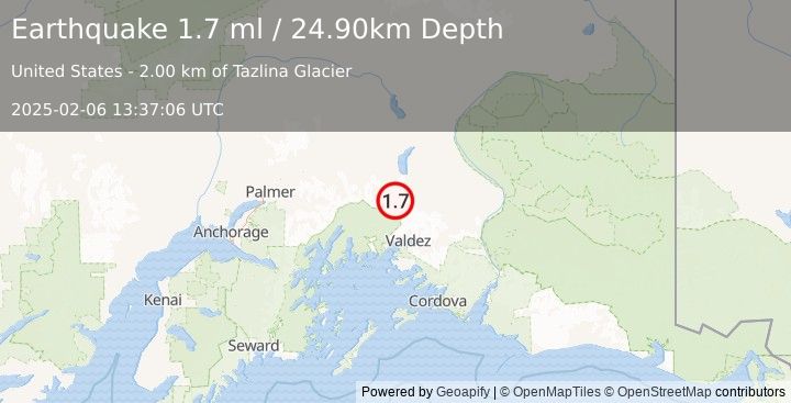 Earthquake 43 km NNW of Valdez, Alaska (1.7 ml) (2025-02-06 13:37:06 UTC)