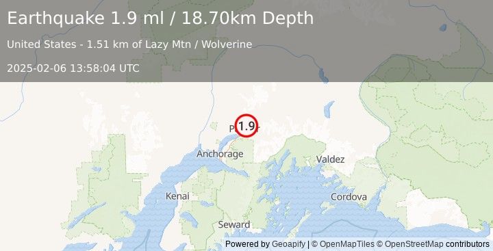 Earthquake 5 km E of Farm Loop, Alaska (1.9 ml) (2025-02-06 13:58:04 UTC)