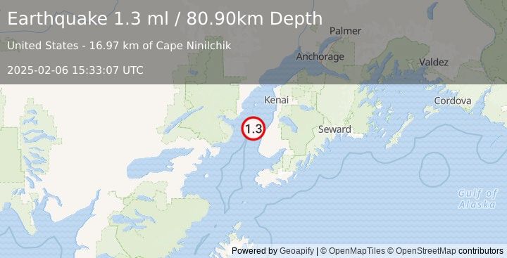 Earthquake 18 km WNW of Ninilchik, Alaska (1.3 ml) (2025-02-06 15:33:07 UTC)