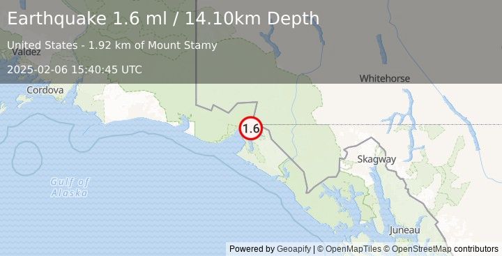 Earthquake 51 km NNE of Yakutat, Alaska (1.6 ml) (2025-02-06 15:40:45 UTC)