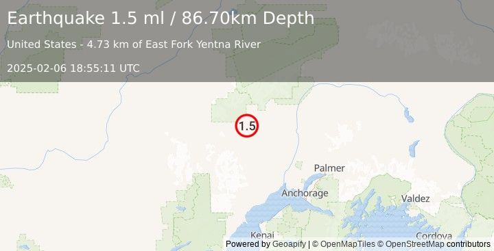 Earthquake 33 km NNW of Skwentna, Alaska (1.5 ml) (2025-02-06 18:55:11 UTC)