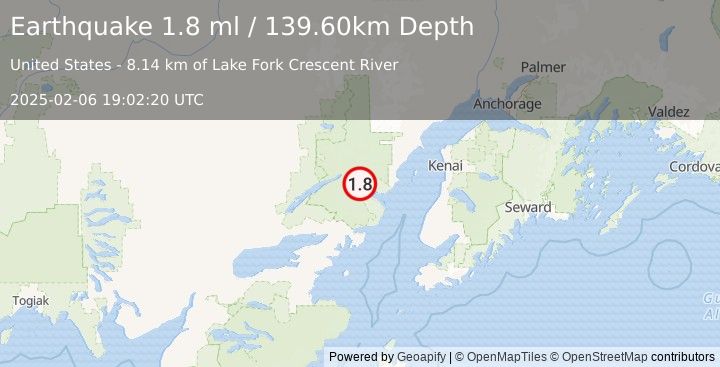 Earthquake 67 km ENE of Port Alsworth, Alaska (1.8 ml) (2025-02-06 19:02:20 UTC)