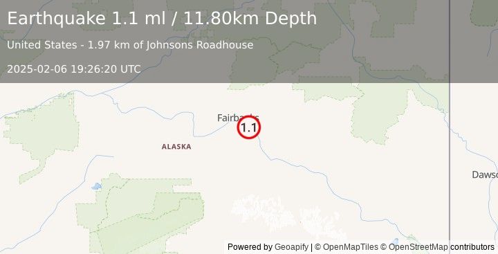 Earthquake 4 km SSW of North Pole, Alaska (1.1 ml) (2025-02-06 19:26:20 UTC)