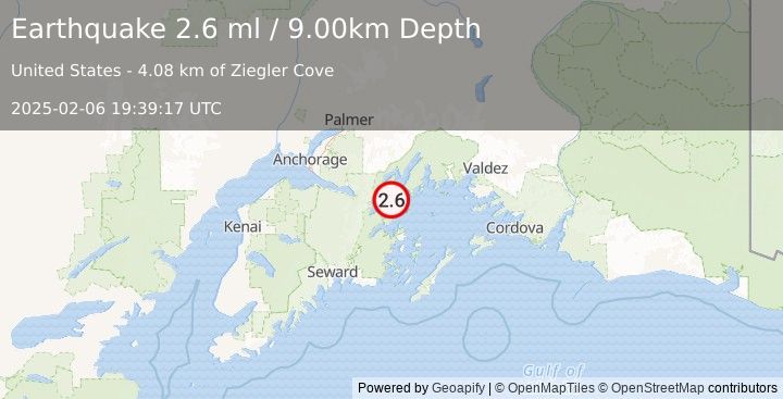 Earthquake 24 km ENE of Whittier, Alaska (2.6 ml) (2025-02-06 19:39:17 UTC)