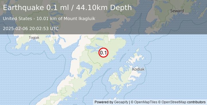 Earthquake 96 km ESE of King Salmon, Alaska (0.1 ml) (2025-02-06 20:02:53 UTC)