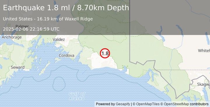 Earthquake 91 km S of McCarthy, Alaska (1.8 ml) (2025-02-06 22:16:59 UTC)