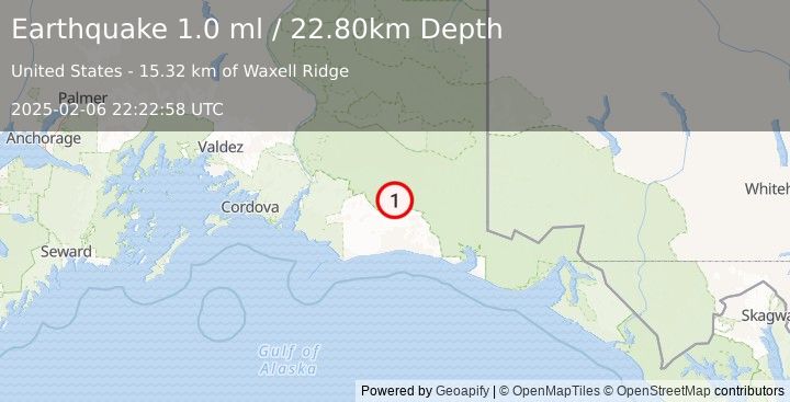 Earthquake 93 km S of McCarthy, Alaska (1.0 ml) (2025-02-06 22:22:58 UTC)