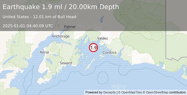 Earthquake 27 km WSW of Tatitlek, Alaska (1.9 ml) (2025-01-01 04:40:09 UTC)