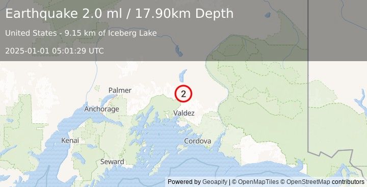 Earthquake 44 km N of Valdez, Alaska (2.0 ml) (2025-01-01 05:01:29 UTC)