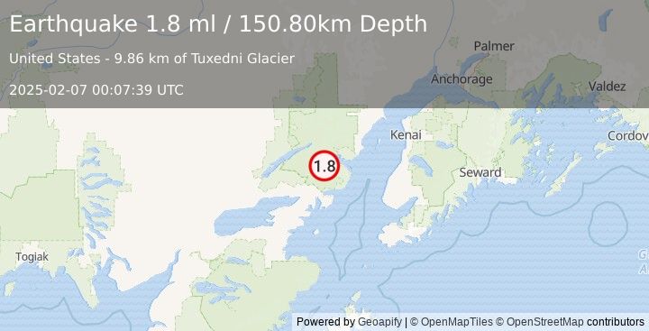 Earthquake 59 km E of Port Alsworth, Alaska (1.8 ml) (2025-02-07 00:07:39 UTC)