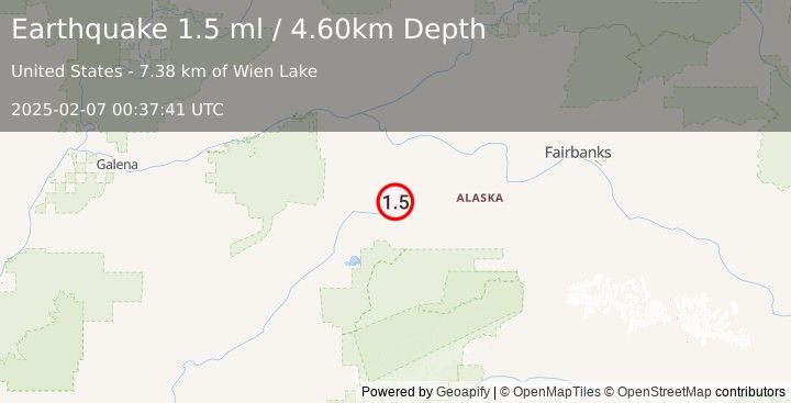 Earthquake 74 km SSW of Manley Hot Springs, Alaska (1.5 ml) (2025-02-07 00:37:41 UTC)