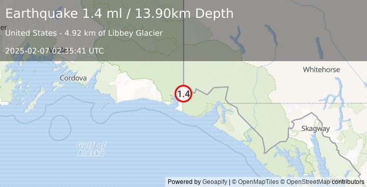 Earthquake 102 km NW of Yakutat, Alaska (1.4 ml) (2025-02-07 02:35:41 UTC)