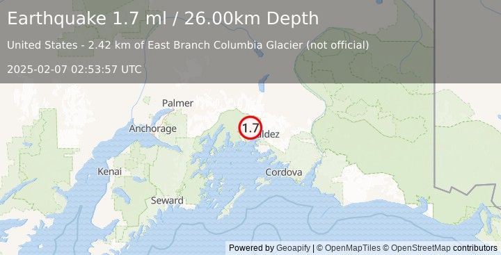 Earthquake 27 km WNW of Valdez, Alaska (1.7 ml) (2025-02-07 02:53:57 UTC)