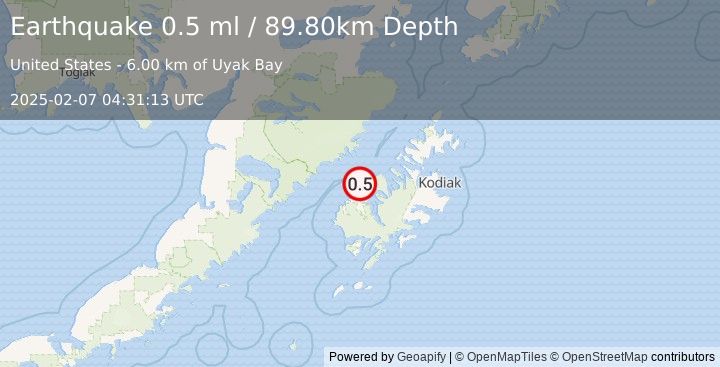 Earthquake 28 km NNW of Larsen Bay, Alaska (0.5 ml) (2025-02-07 04:31:13 UTC)