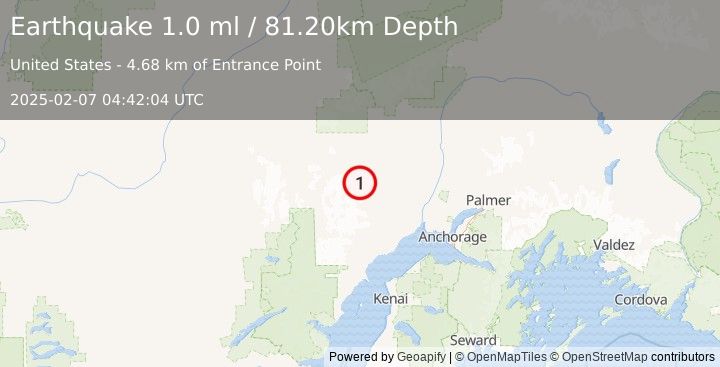 Earthquake 37 km SW of Skwentna, Alaska (1.0 ml) (2025-02-07 04:42:04 UTC)