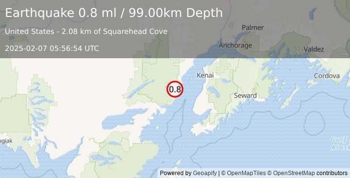 Earthquake 57 km WNW of Ninilchik, Alaska (0.8 ml) (2025-02-07 05:56:54 UTC)