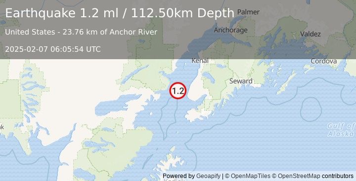 Earthquake 25 km WNW of Anchor Point, Alaska (1.2 ml) (2025-02-07 06:05:54 UTC)