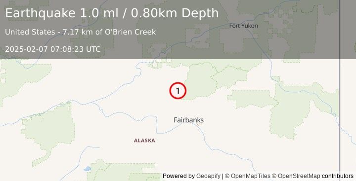 Earthquake 22 km SE of Livengood, Alaska (1.0 ml) (2025-02-07 07:08:23 UTC)