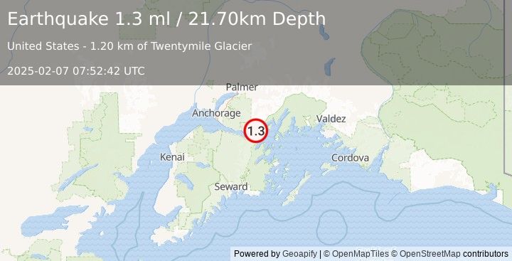 Earthquake 19 km N of Whittier, Alaska (1.3 ml) (2025-02-07 07:52:42 UTC)