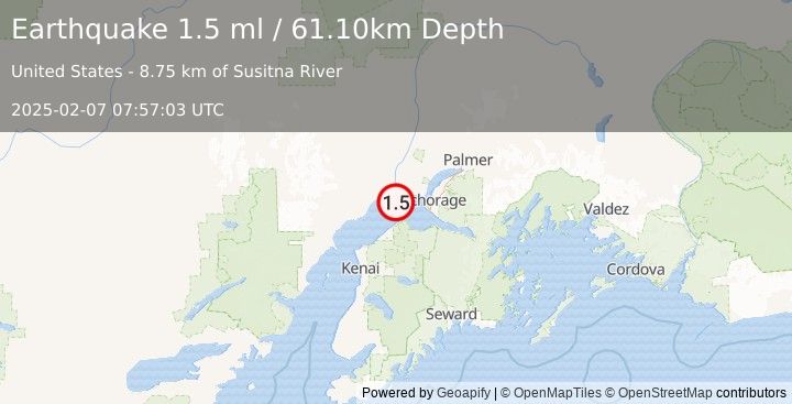 Earthquake 29 km E of Beluga, Alaska (1.5 ml) (2025-02-07 07:57:03 UTC)