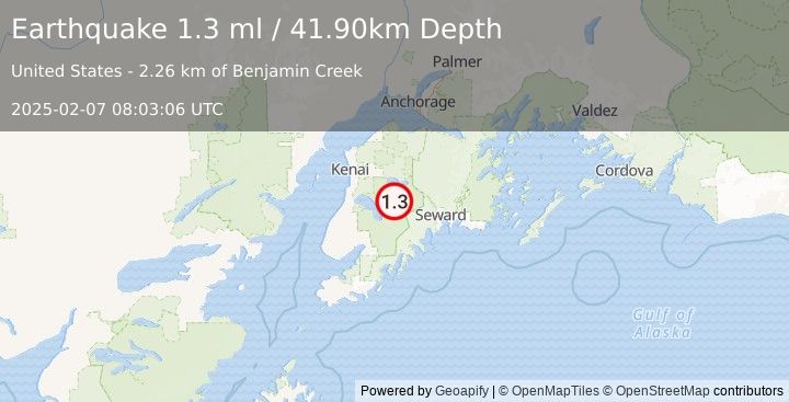 Earthquake 36 km SE of Funny River, Alaska (1.3 ml) (2025-02-07 08:03:06 UTC)