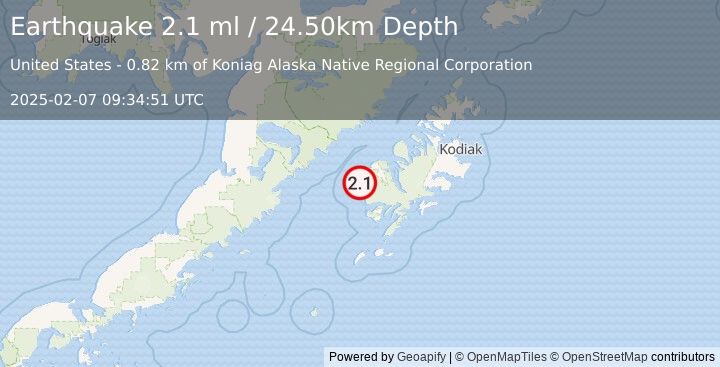 Earthquake 22 km SSW of Karluk, Alaska (2.1 ml) (2025-02-07 09:34:51 UTC)