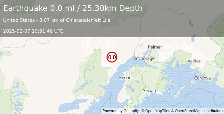 Earthquake 58 km WNW of Tyonek, Alaska (0.0 ml) (2025-02-07 10:31:46 UTC)