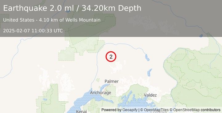 Earthquake 46 km NE of Susitna North, Alaska (2.0 ml) (2025-02-07 11:00:33 UTC)