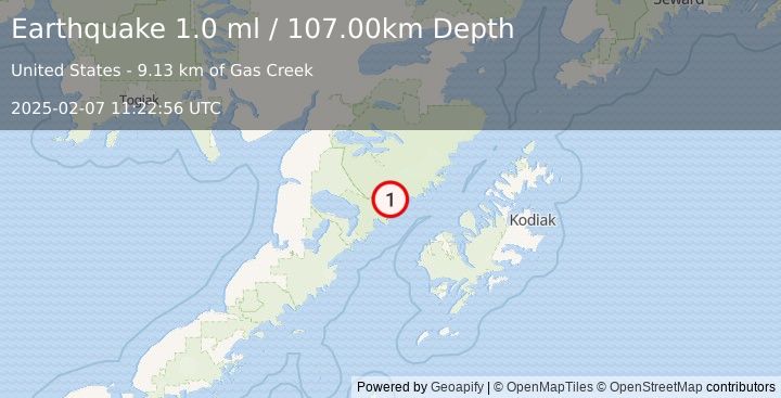 Earthquake 69 km NW of Karluk, Alaska (1.0 ml) (2025-02-07 11:22:56 UTC)